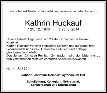 Traueranzeige von Kathrin Huckauf von Frankenpost