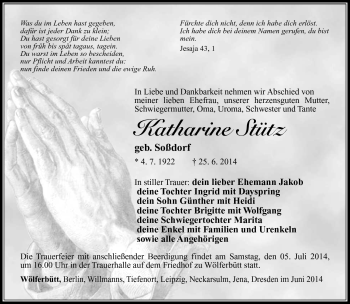 Traueranzeige von katharine stütz von Südthüringer Presse
