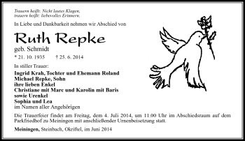Traueranzeige von Ruth Repke von Südthüringer Presse