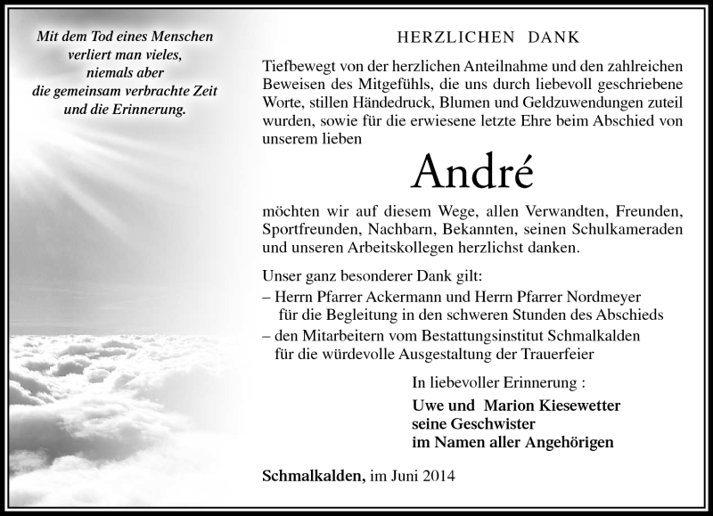  Traueranzeige für Andre Kiesewetter vom 28.06.2014 aus Südthüringer Presse