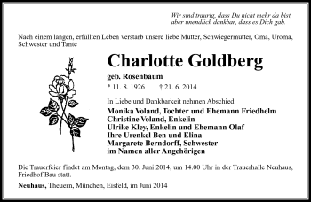 Traueranzeige von Charlotte Goldberg von Südthüringer Presse