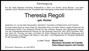 Traueranzeige von Theresia Regoli von Neue Presse Coburg