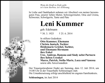 Traueranzeige von Leni KUmmer von Südthüringer Presse