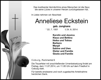 Traueranzeige von Anneliese Eckstein von Neue Presse Coburg