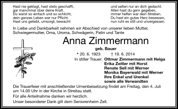 Traueranzeige von Anna Zimmermann von Frankenpost