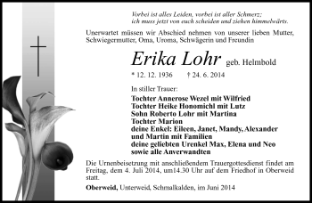 Traueranzeige von Erika Lohr von Südthüringer Presse