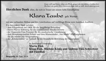 Traueranzeige von Klara Taube von Südthüringer Presse