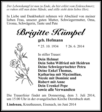 Traueranzeige von Brigitte Kümpel von Südthüringer Presse