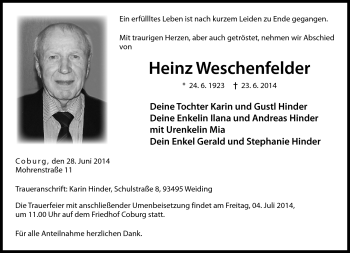 Traueranzeige von Heinz Weschenfelder von Neue Presse Coburg