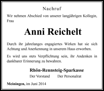 Traueranzeige von Anni Reichelt von Südthüringer Presse