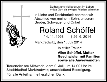 Traueranzeige von Roland Schöffel von Frankenpost