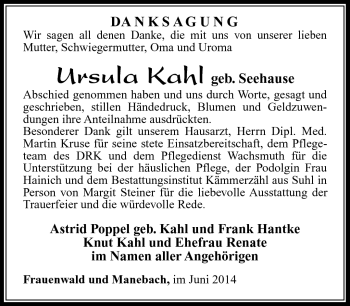Traueranzeige von Ursula Kahl von Südthüringer Presse