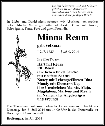Traueranzeige von Minna Reum von Südthüringer Presse