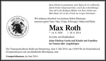 Traueranzeige von Max Roth von Südthüringer Presse