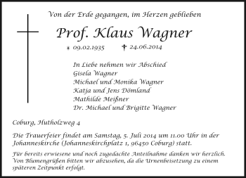 Traueranzeige von Klaus Wagner von Neue Presse Coburg