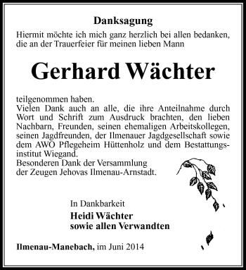 Traueranzeige von Gerhard Wächter von Südthüringer Presse
