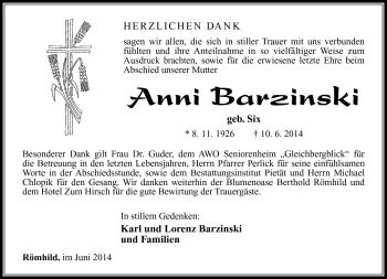 Traueranzeige von Anni Barzinski von Südthüringer Presse