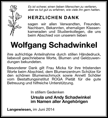 Traueranzeige von Wolfgang Schadwinkel von Südthüringer Presse