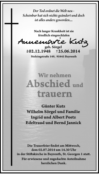 Traueranzeige von Annemarie Kutz von Frankenpost