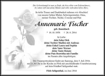 Traueranzeige von Annemarie Fischer von Südthüringer Presse