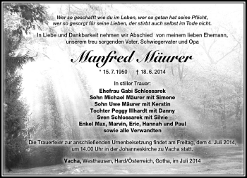 Traueranzeige von Manfred Mäurer von Südthüringer Presse