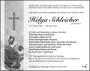 Traueranzeige von Helga Schleicher von Südthüringer Presse