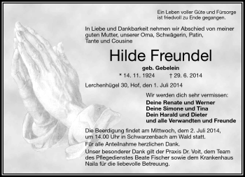 Traueranzeige von Hilde Freundel von Frankenpost