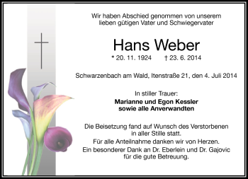 Traueranzeige von Hans Weber von Frankenpost