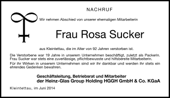 Traueranzeige von Rosa Sucker von Neue Presse Coburg