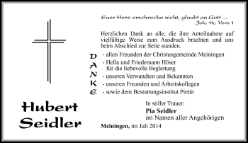 Traueranzeige von Hubert Seidler von Südthüringer Presse