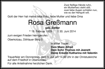 Traueranzeige von Rosa Greßmann von Frankenpost