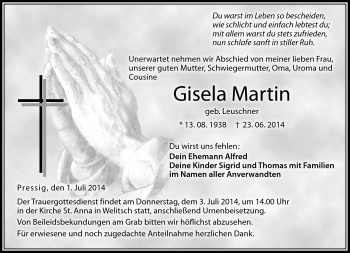 Traueranzeige von Gisela Martin von Neue Presse Coburg