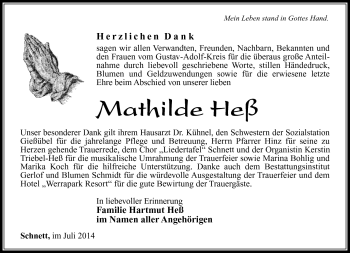 Traueranzeige von Mathilde Heß von Südthüringer Presse