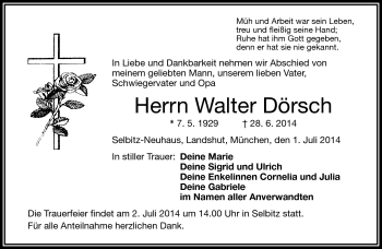 Traueranzeige von Walter Dörsch von Frankenpost