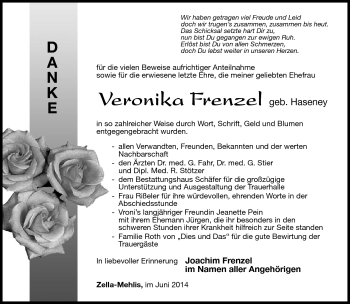 Traueranzeige von Veronika Frenzel von Südthüringer Presse