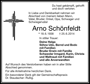 Traueranzeige von Arno Schönfeldt von Frankenpost
