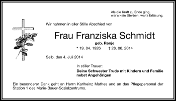 Traueranzeige von Franziska Schmidt von Frankenpost