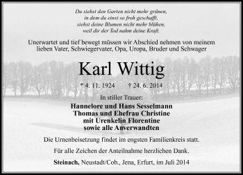 Traueranzeige von Karl Wittig von Südthüringer Presse