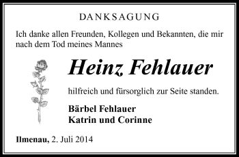 Traueranzeige von Heinz Fehlauer von Südthüringer Presse