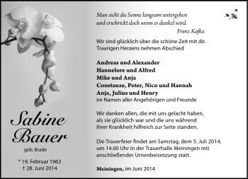 Traueranzeige von Sabine Bauer von Südthüringer Presse