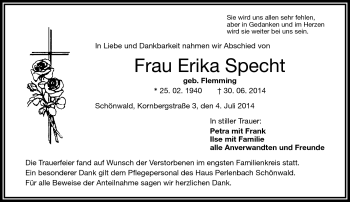 Traueranzeige von Erika Specht von Frankenpost