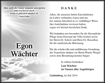 Traueranzeige von Egon Wächter von Südthüringer Presse