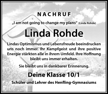 Traueranzeige von Linda Rohde von Südthüringer Presse