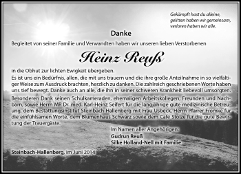 Traueranzeige von Heinz Reuß von Südthüringer Presse