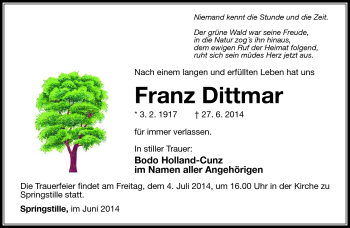 Traueranzeige von Franz Dittmar von Südthüringer Presse
