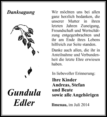 Traueranzeige von Gundula Edler von Südthüringer Presse