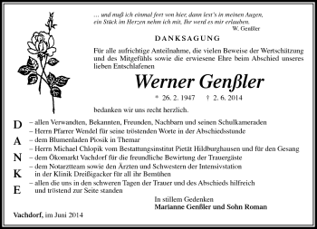 Traueranzeige von Werner Genßler von Südthüringer Presse