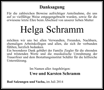 Traueranzeige von Helga Schramm von Südthüringer Presse