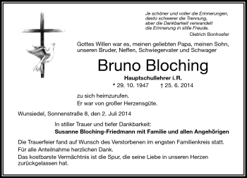 Traueranzeige von Bruno Bloching von Frankenpost