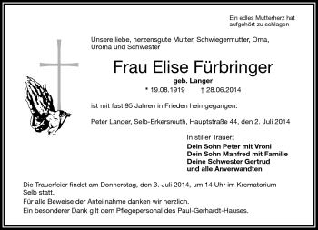 Traueranzeige von Elise Fürbringer von Frankenpost